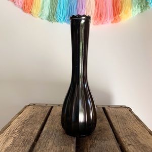 Vintage Black Ribbed Glass Flower Vase 8” Tall
